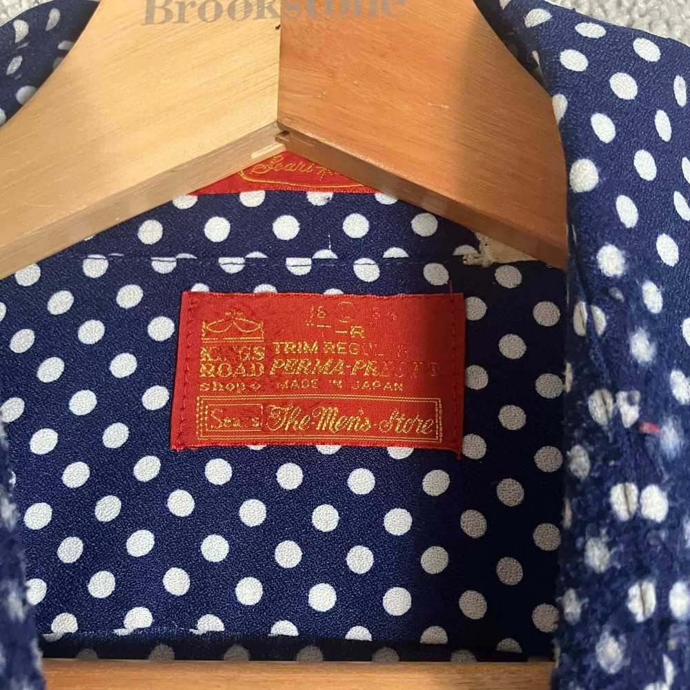 Vintage 70s Sears Kings Road Mens Blue Polka Dot Disco Shirt 16 Large Dagger - Picture 3 of 14